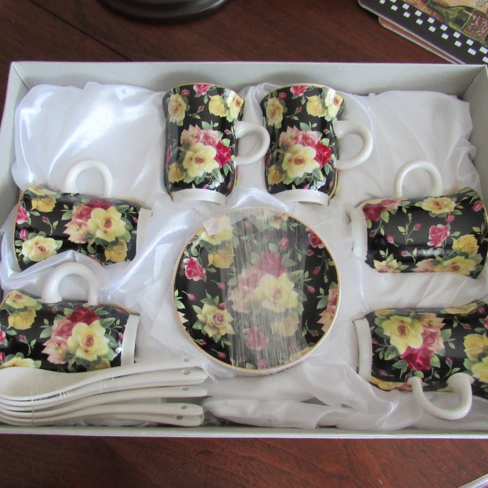 DEMITASSE SET. 6 CUPS/SAUCERS/SPOONS. AYS AL-YAZEDI. NEW IN OPEN BOX.